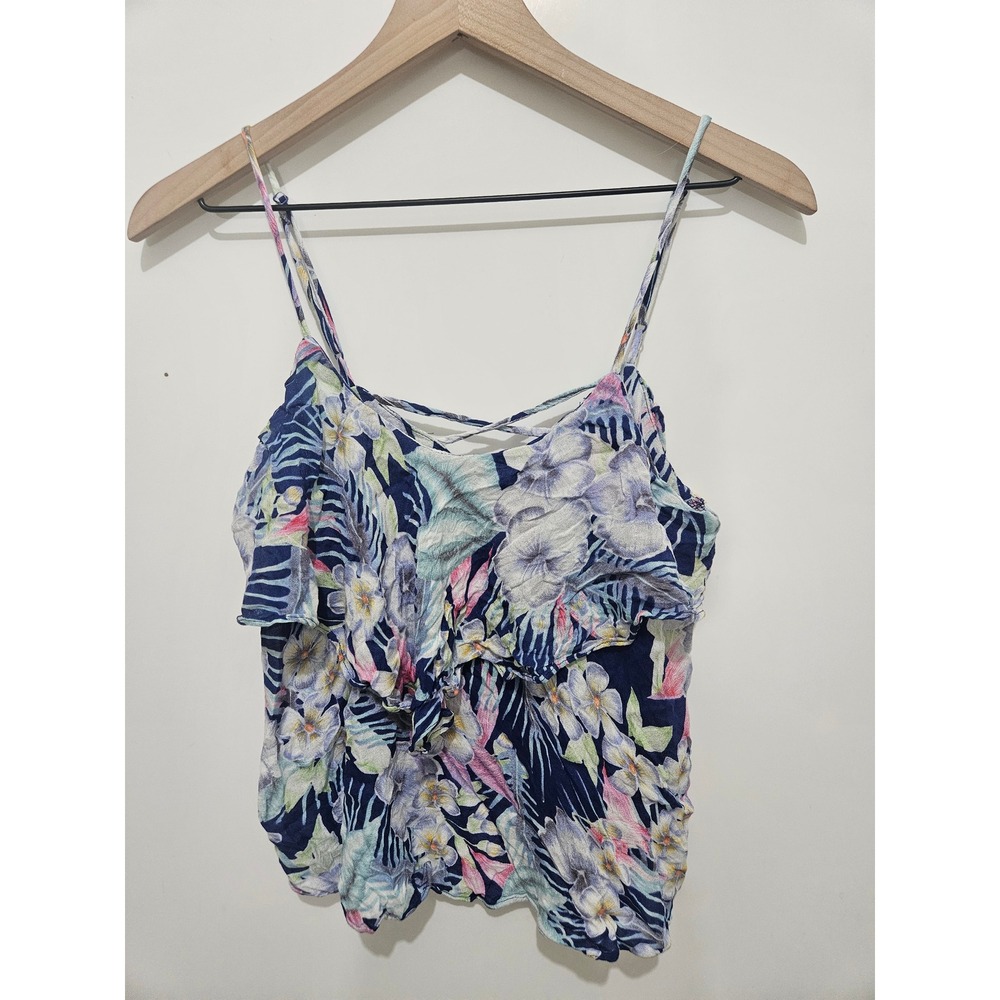 American Eagle Floral Ruffle Cami Top Blue Tropical Hibiscus Spaghetti Strap M